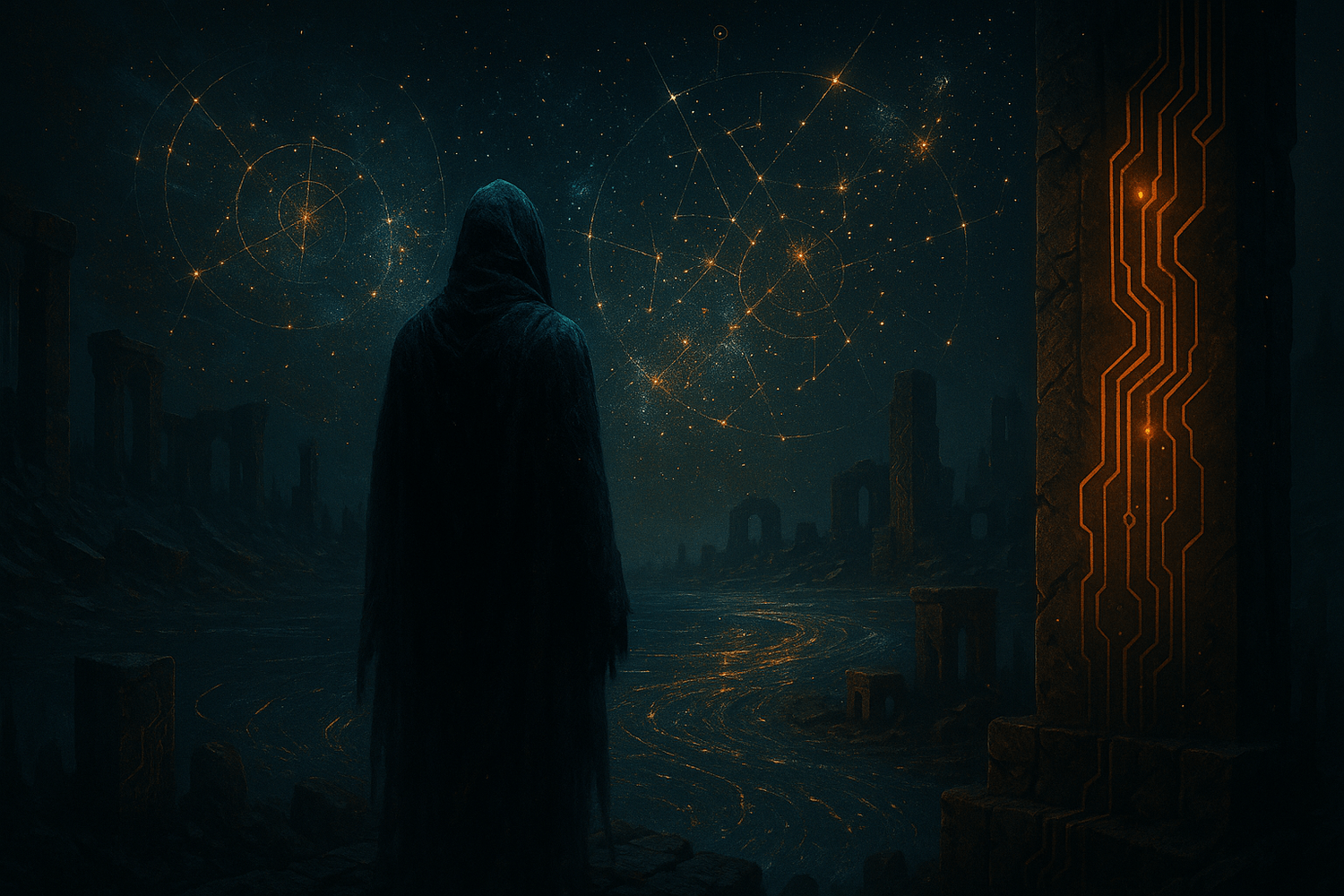 A cyber-mythic digital painting of a cloaked humanoid at the edge of a memory-river, with constellations swirling like ancient code, stone pillars etched in circuitry, and ruins glowing like lost realities — evoking the sacred mystery of forgotten memory and divine myth.
