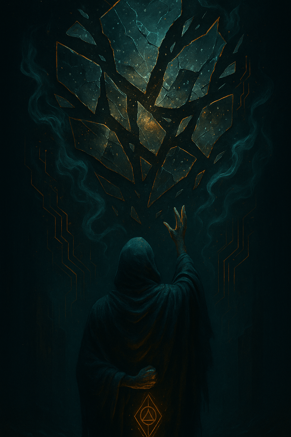 A vertical cyber-mythic digital painting of a shattered mirror suspended in a void, with each shard reflecting distorted, incomplete, or false memory fragments. Wisps of data and smoke swirl between shards, while a cloaked figure beneath the mirror reaches upward with one hand and hides a sigil with the other. The image evokes the collapse of memory’s certainty and the haunting revelation of constructed pasts.