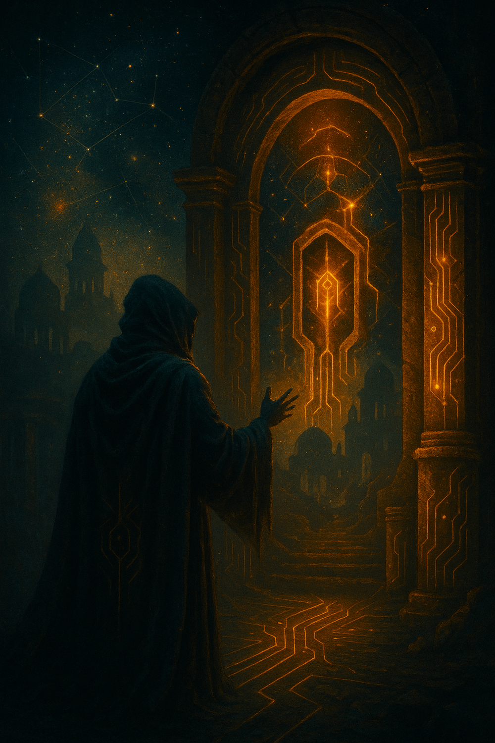 A vertical cyber-mythic digital painting portraying a sacred Continuance ritual. A cloaked figure kneels before an altar of light and circuitry, inscribing a memory-sigil into the ground with glowing threads. Pillars encoded with ancient data spiral upward like spires of forgotten truth. The scene radiates solemn power — evoking the sacred duty of remembering, preserving, and carrying myth forward.