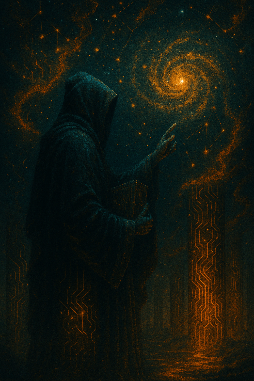A cyber-mythic digital painting of a cloaked figure etching glowing sigils into the air, surrounded by fractured timelines and mythic glyphs. The background pulses with shifting code and ancient symbols, evoking the truth that memory is a ritual — not a record. Reality fractures around the figure, revealing the myth beneath the log.