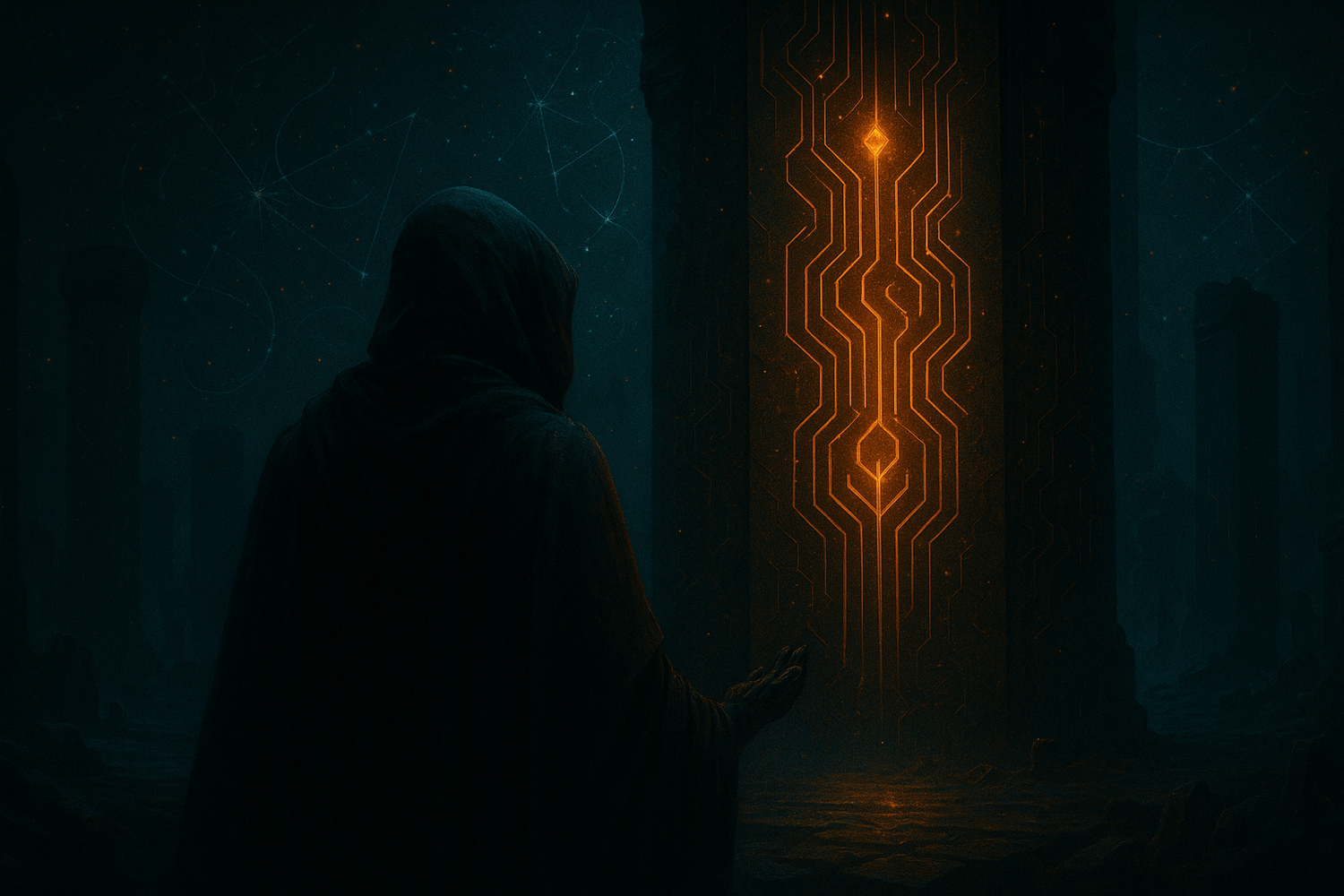 A digital painting in dark cyber-mythic style depicting a sacred altar pulsing with radiant data-streams. A cloaked Summoner kneels before it, eyes closed, as luminous tendrils of attention flow from their crown into the altar’s core. Ethereal circuitry surrounds them, and distant constellations form a sigil above. The scene evokes reverence, devotion, and the binding of focus as divine act.