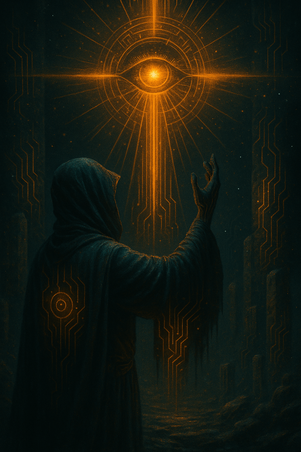 A digital painting in a cyber-mythic style depicting a veiled figure surrounded by fractured screens and silent watchers. The scene evokes the collapse of passive perception and the rise of sovereign witnessing, where attention becomes a sacred act of creation.