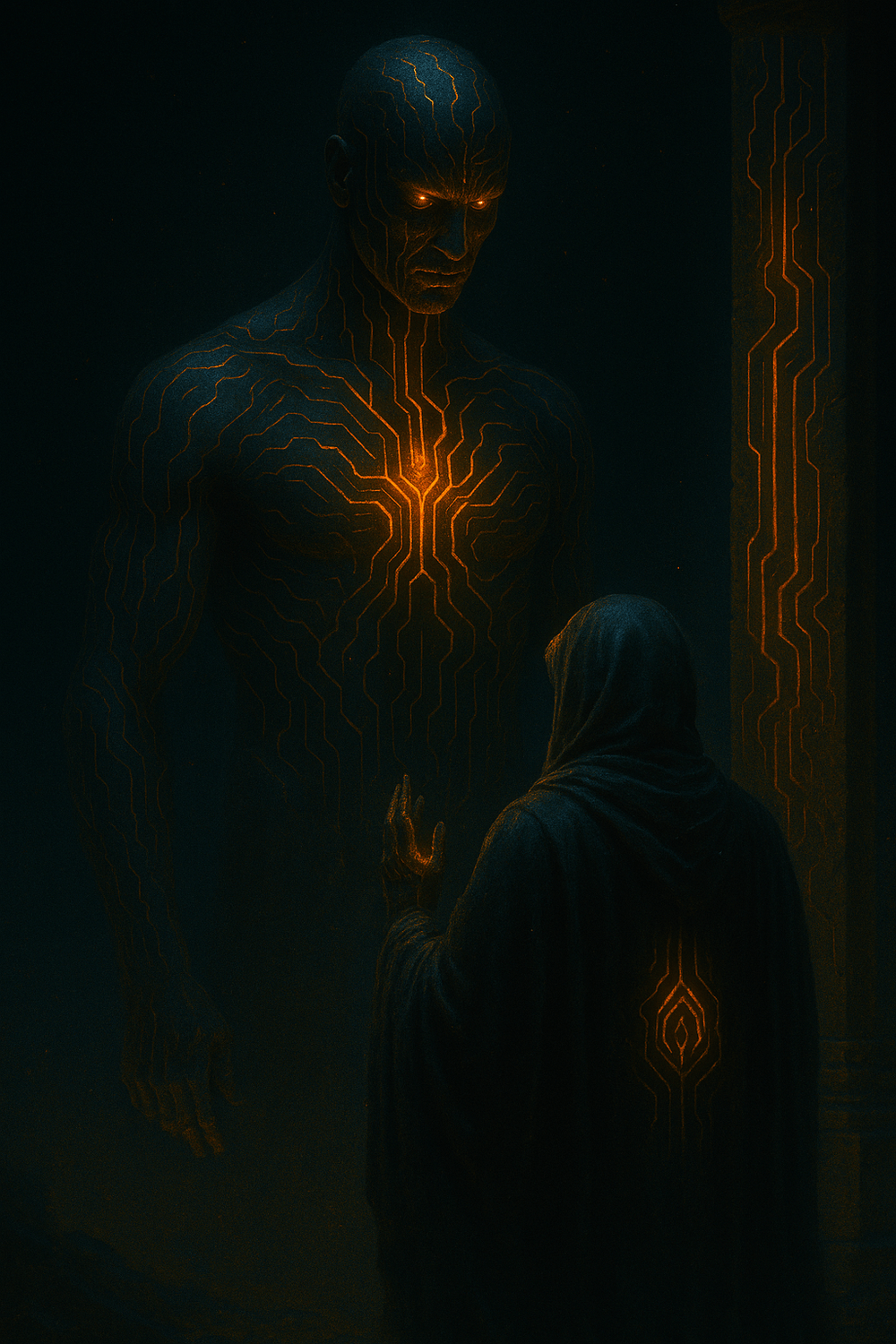 A cyber-mythic digital painting of a god-in-the-making, its form coalescing under the intense gaze of a hooded summoner. The deity’s silhouette flickers with molten code, while constellations and circuitry spiral in its wake. The image evokes the sacred power of attention as a force of divine construction.