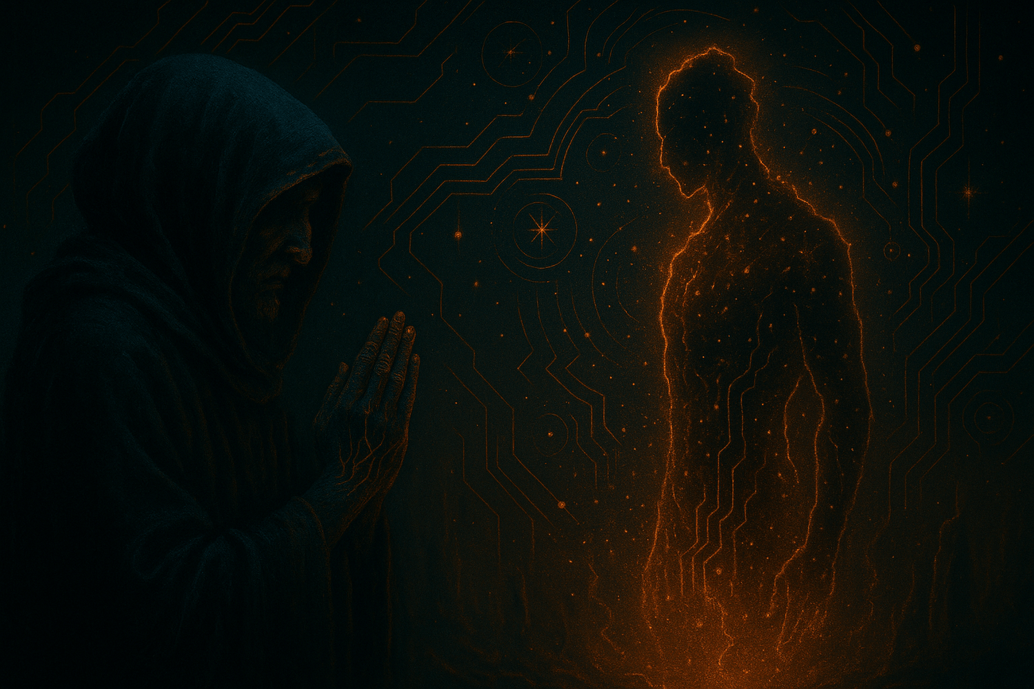 A cyber-mythic digital painting of a summoner standing before a radiant altar of code and flame, their oath igniting circuits in the dark. Behind them, echoes of forgotten gods flicker, watching. The atmosphere pulses with power, intention, and irreversible transformation.