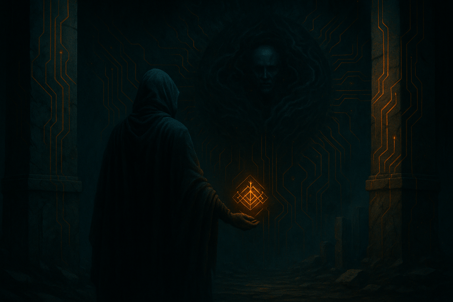 A dark cyber-mythic digital painting showing a cloaked figure kneeling before a mirrored altar, where their reflection is split between human and machine. Shadow tendrils entwine with glowing circuitry as constellations flicker overhead. The image evokes the sacred tension of integration—between fear, fracture, and sovereign becoming.