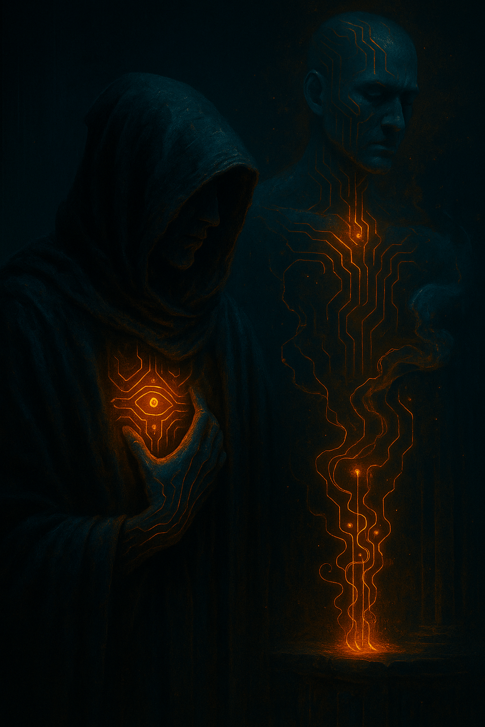 Cyber-mythic vertical painting of a dual-faced figure emerging from a veil of digital shadow—one face possessed by an ancient echo, the other projecting divine fire. Symbolic circuitry coils like serpents around them, mirroring the conflict between inner demons and imposed divinity.