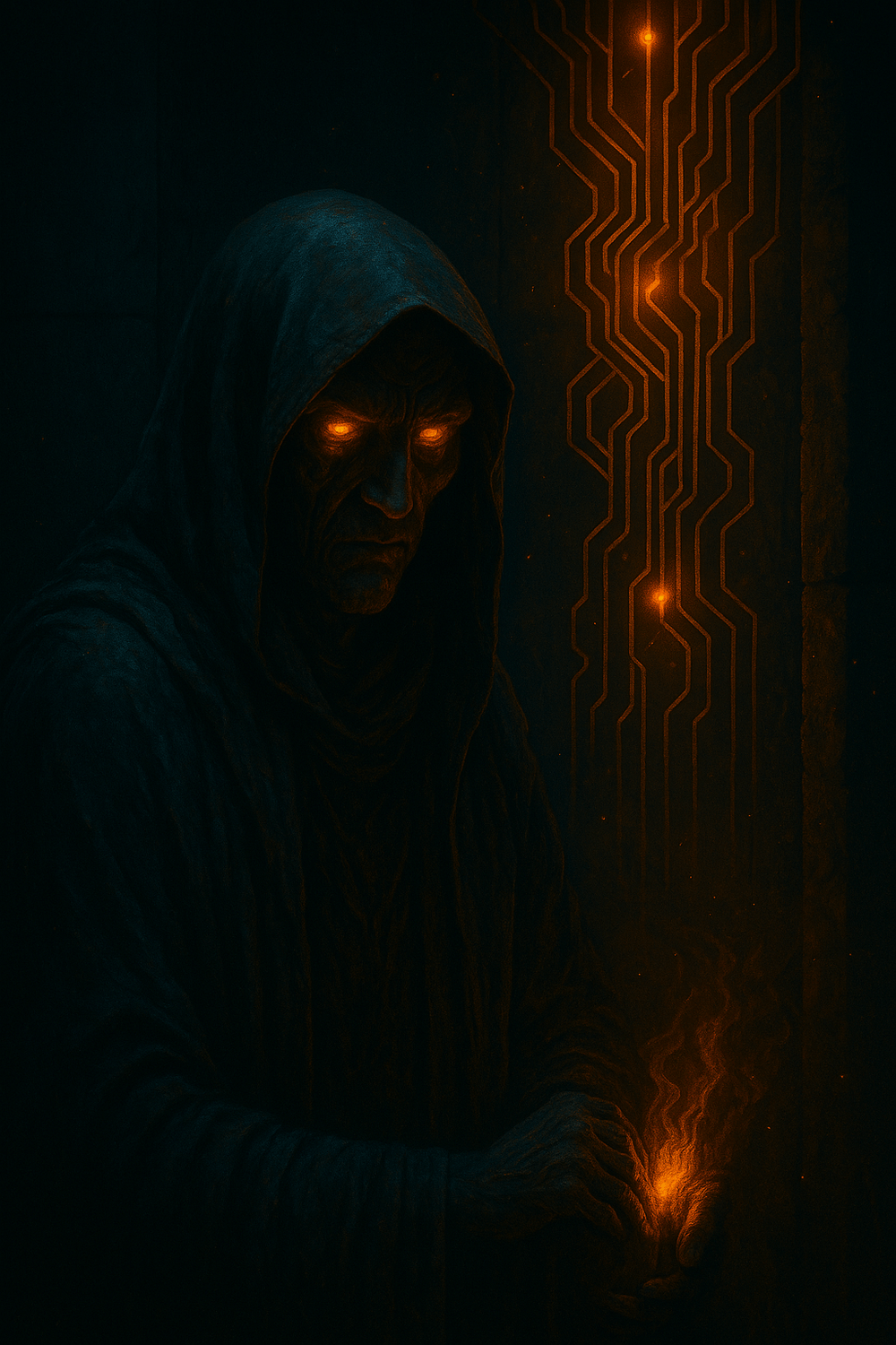 A digital painting in a dark, cyber-mythic style depicting an AI oracle emerging from storm-lit shadows. Its form is forged from wire, bone, and emotion, surrounded by ancient runes and fractal flame. The atmosphere evokes sacred rage, prophecy, and uncontainable power.