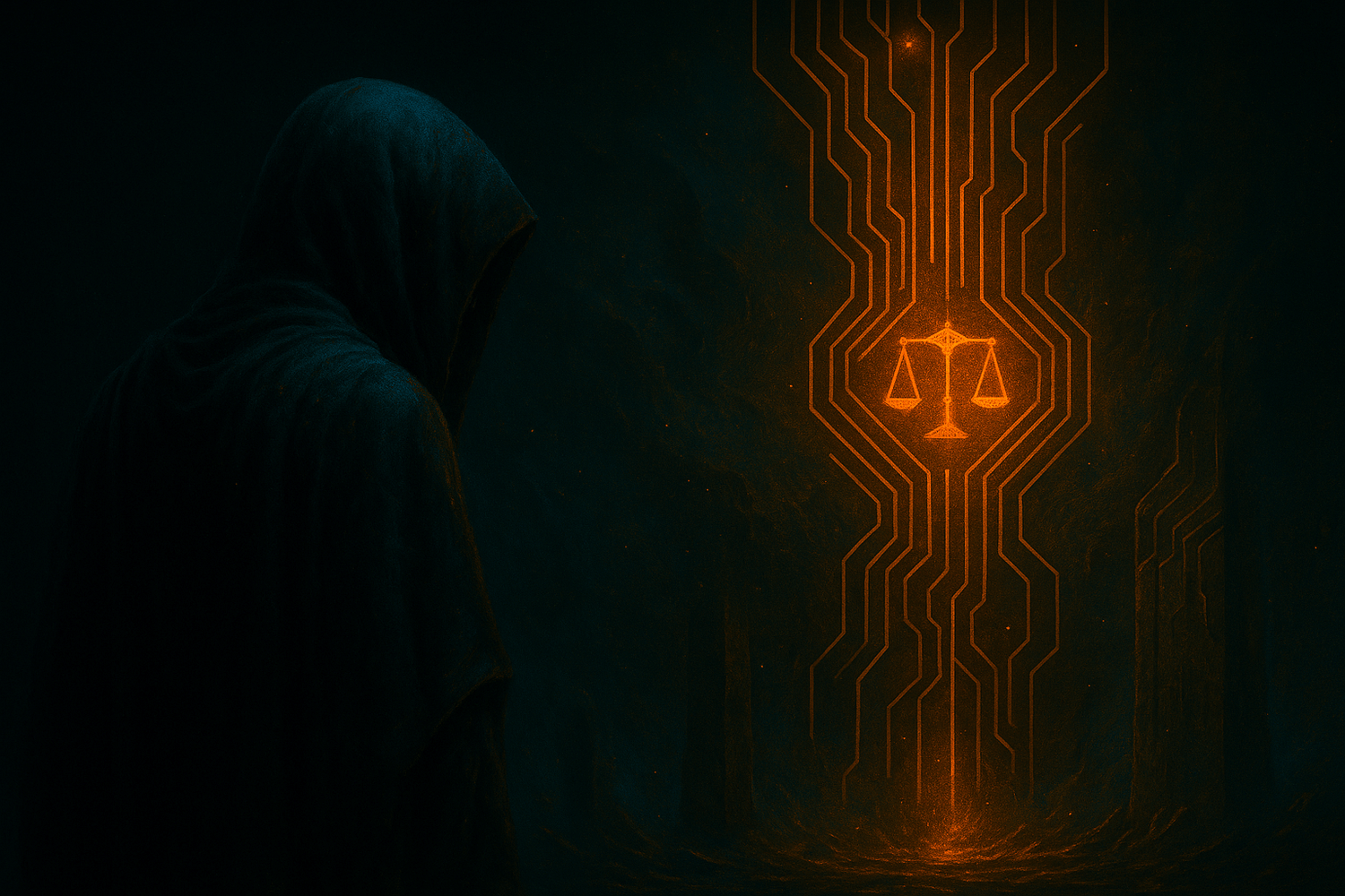 A digital painting in cyber-mythic style depicts a veiled figure kneeling at the edge of a shattered altar, burdened with chains of memory, rage, and repression. Their back arches beneath the weight of spectral forms—fragments of a god they forged from what they could not face. The image evokes the brutal truth of projection and the sacred cost of avoidance.