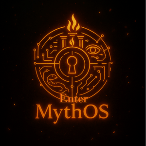The MythOS sigil — a circular seal etched with a central keyhole and arcane symbols, glowing against a blackened background.
