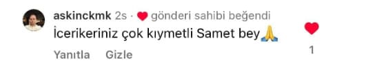 Instagram yorumu: içerikleriniz çok kıymetli