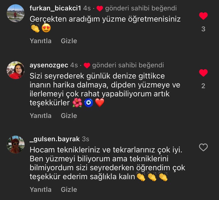 Instagram yorumları: gerçekten aradığım yüzme öğretmenisiniz
