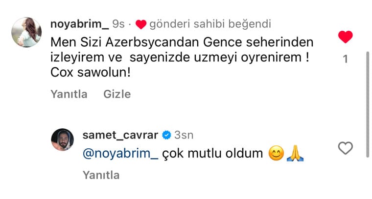 Instagram yorumu: Azerbaycan'dan izliyorum, sayenizde yüzmeyi öğreniyorum