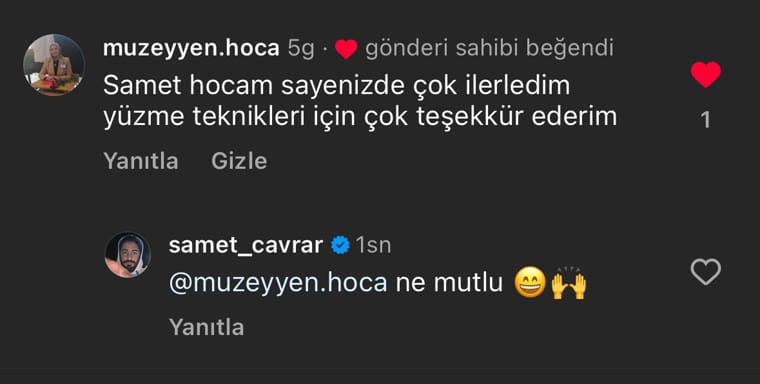 Instagram yorumu: Samet hocam sayenizde çok ilerledim