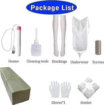 Complete accessory package for Divine Love Dolls including heater, cleaning tools, stockings, undergarments, screws, gloves, blanket, and protective shipping box.