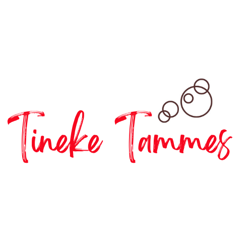White logo with red lettering Tineke Tammes and bubbles above