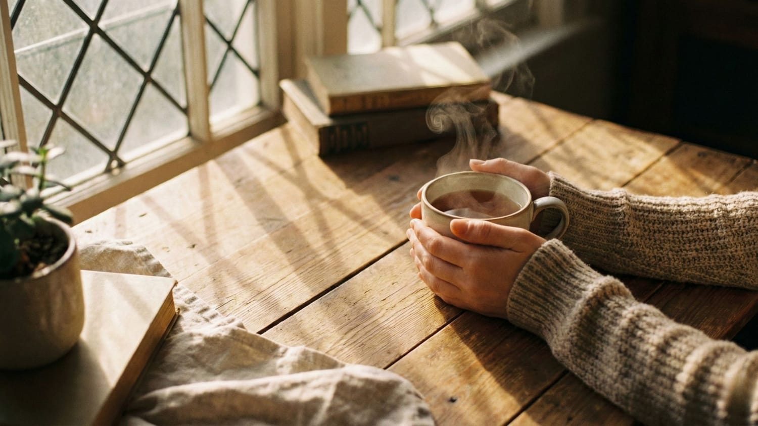 Hands holding tea in soft morning light, representing clarity and intuitive guidance