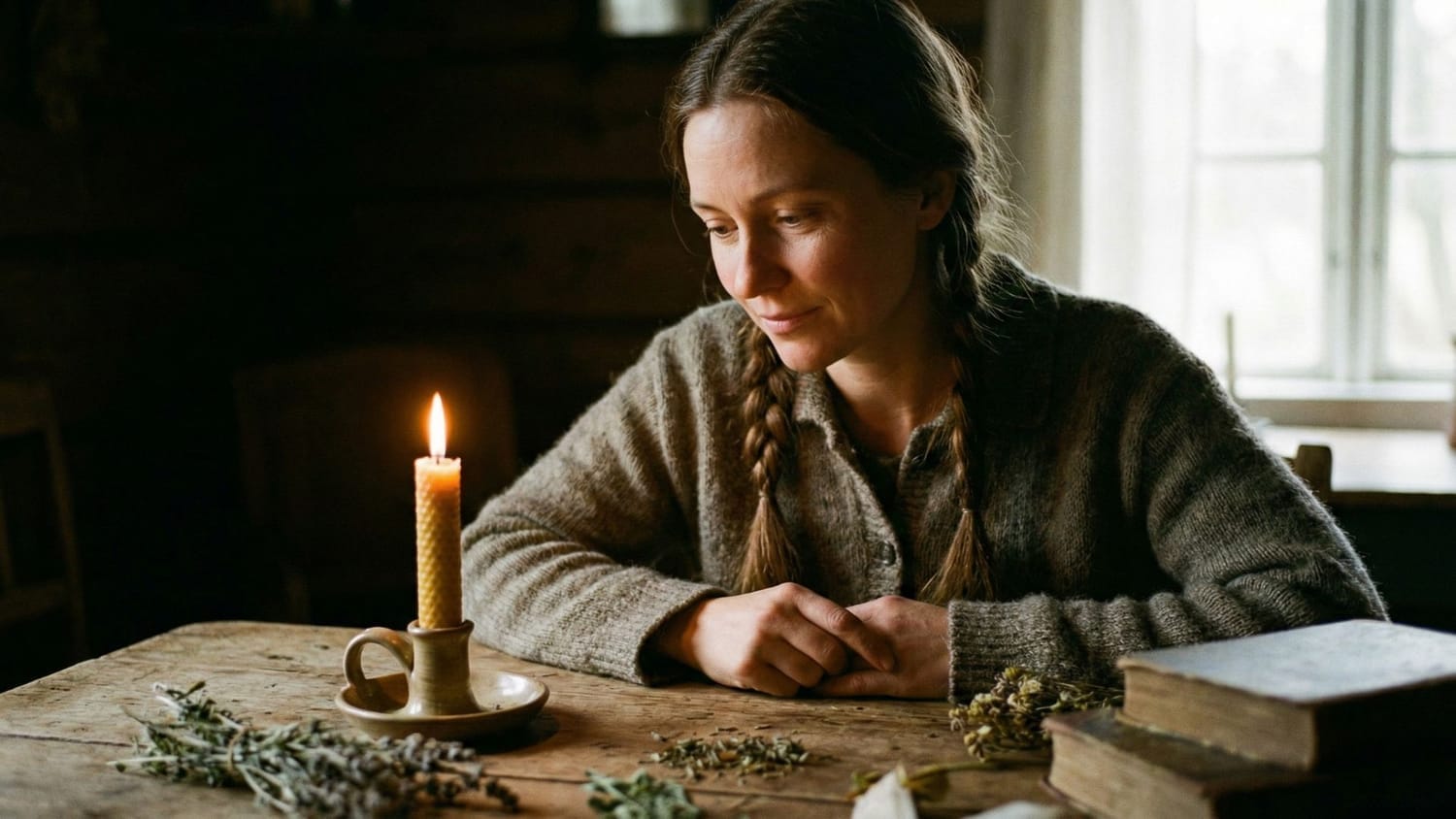 Woman in candlelight at wooden table, intimate moment of reflection and intuitive clarity