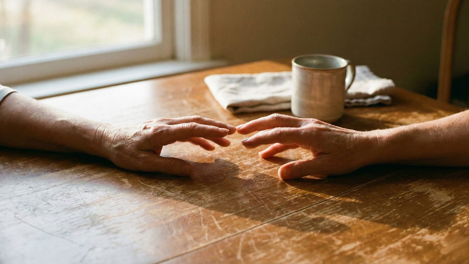 Two women's hands reaching toward each other across table in soft light, representing gentle support and witnessing