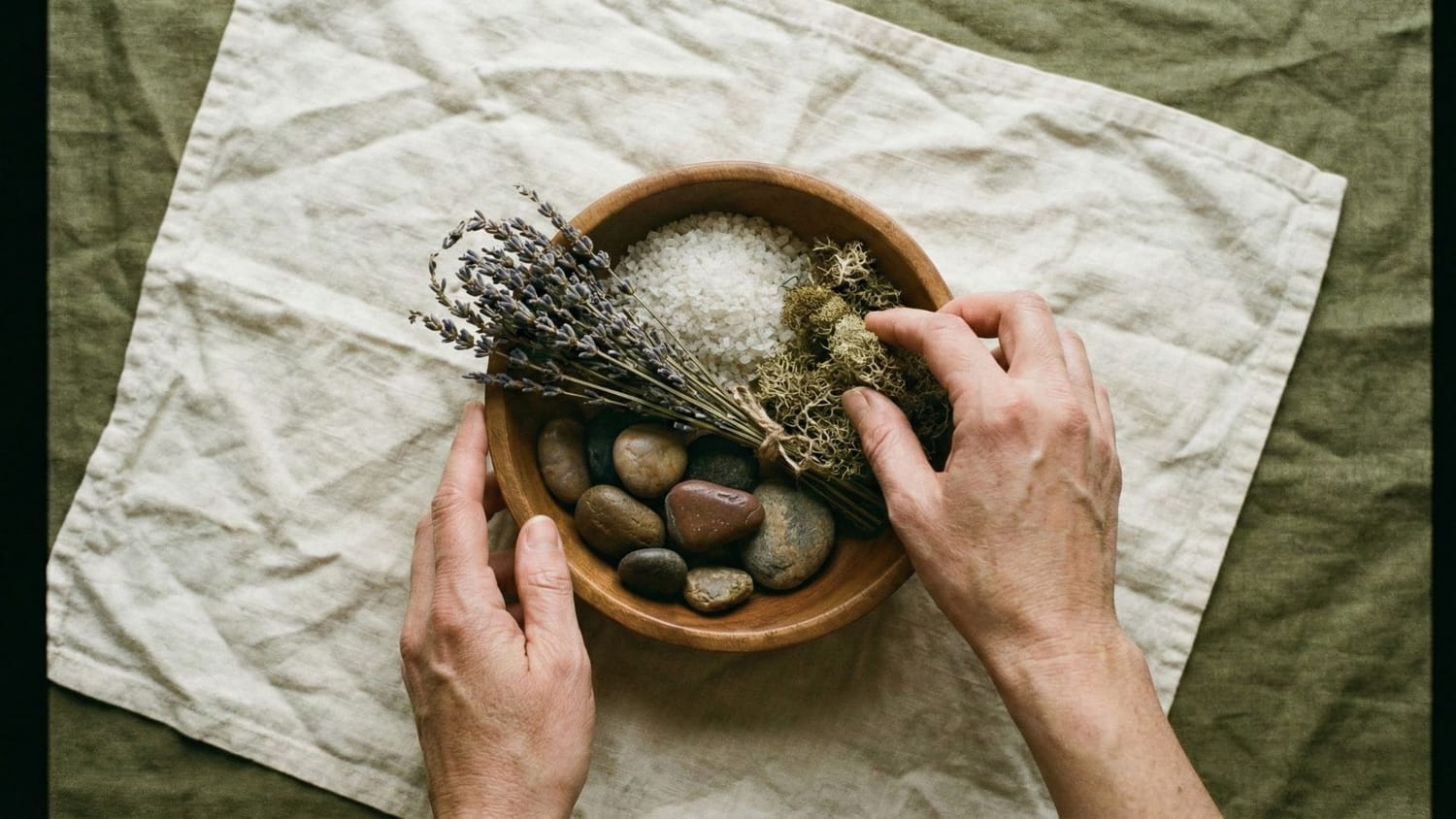 Hands arranging ritual objects on linen cloth, representing grounding and steady support