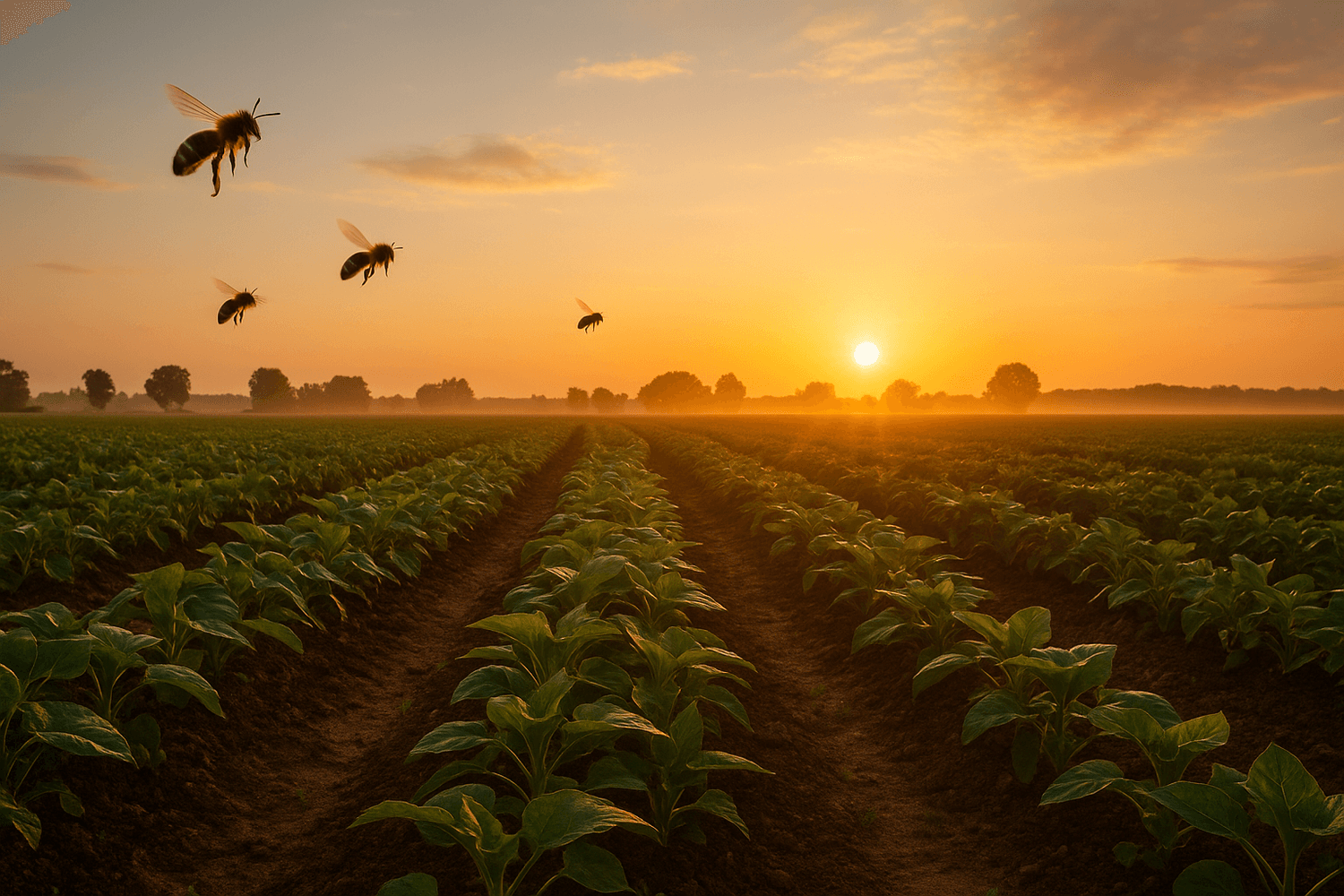 Champ agricole au lever du soleil avec des abeilles