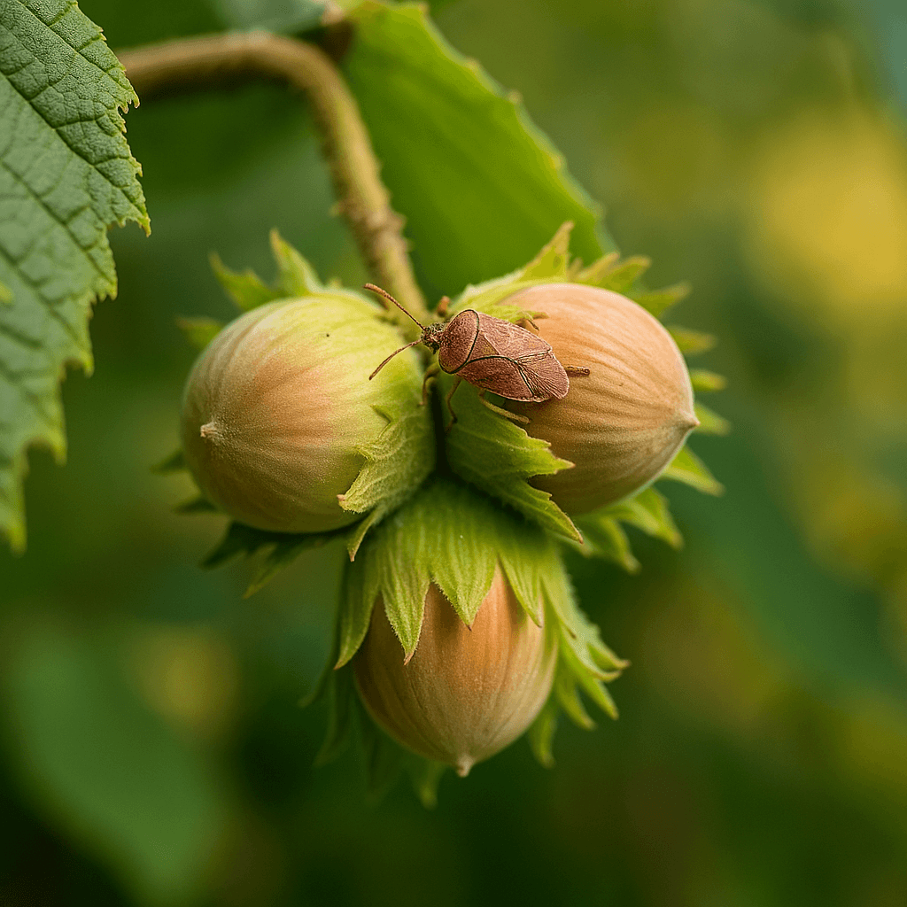 Noisettes sur l’arbre avec un insecte sur la coque.