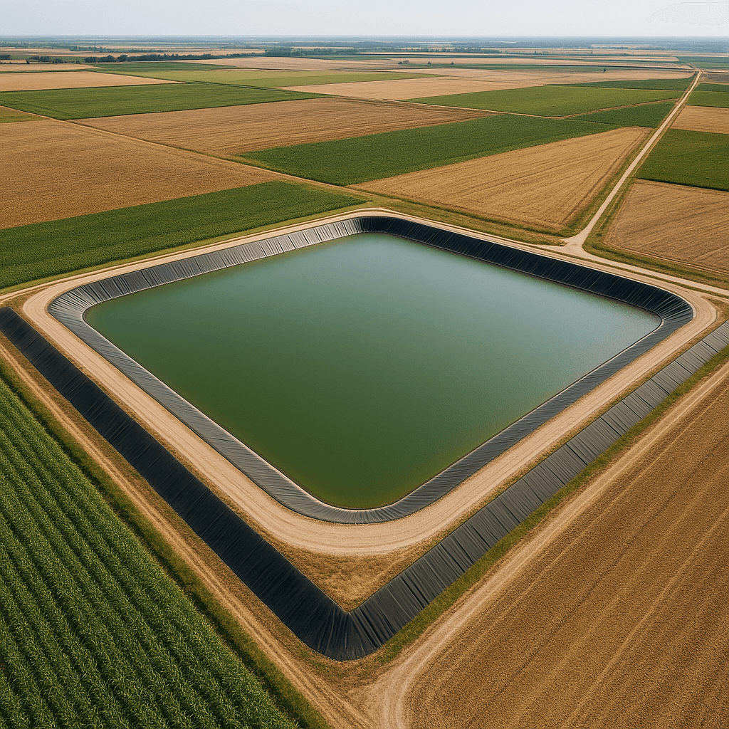 vue aérienne d’une méga bassine, un grand réservoir d’eau en pleine campagne.