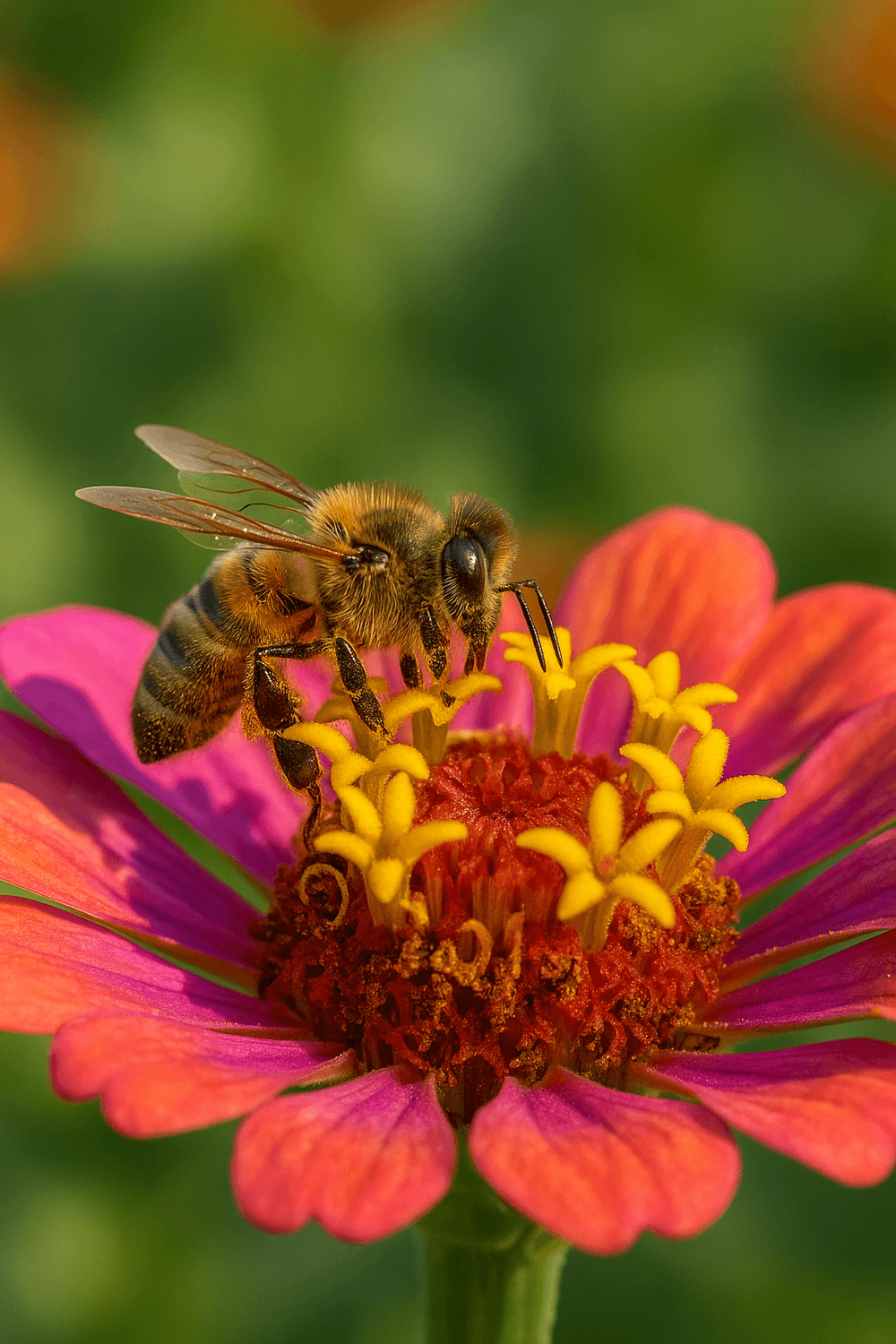 Abeille butinant une fleur colorée.