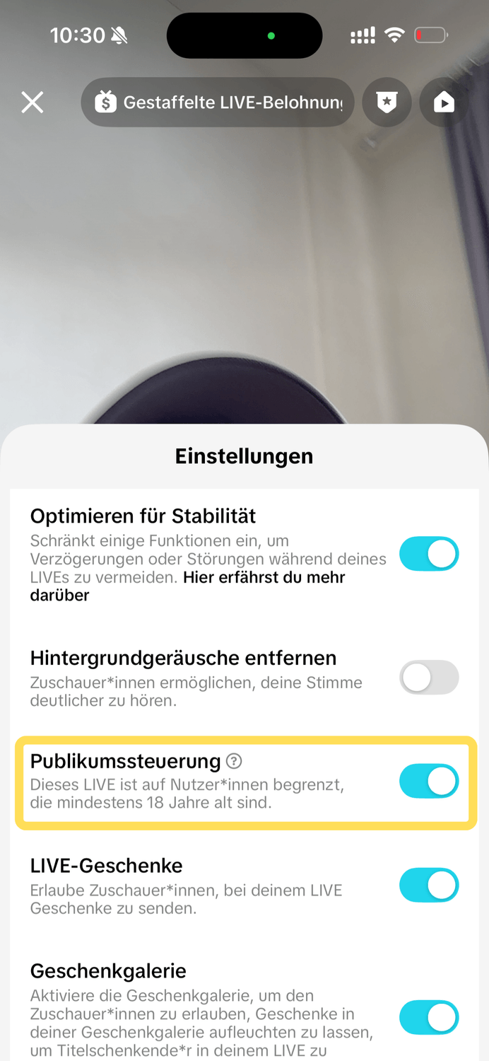 TikTok LIVE – Schritt 2: Publikumssteuerung aktivieren