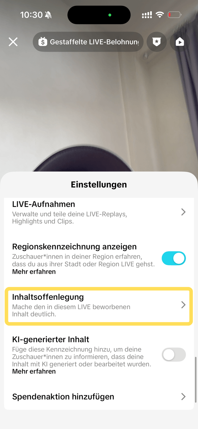 TikTok LIVE – Schritt 3: Inhaltsoffenlegung öffnen