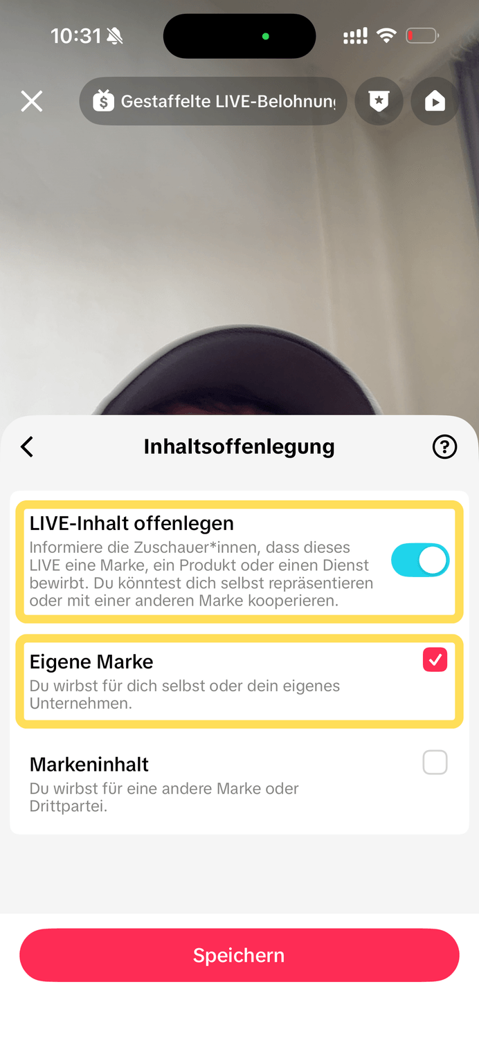 TikTok LIVE – Schritt 4: LIVE-Inhalt offenlegen und Eigene Marke auswählen