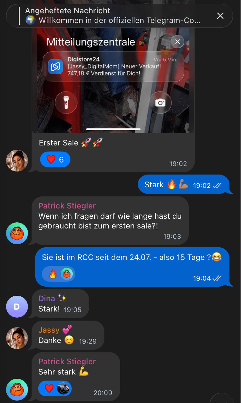 Jasmin – Rückmeldung zu ihrem ersten Verkauf nach 15 Tagen im RCC