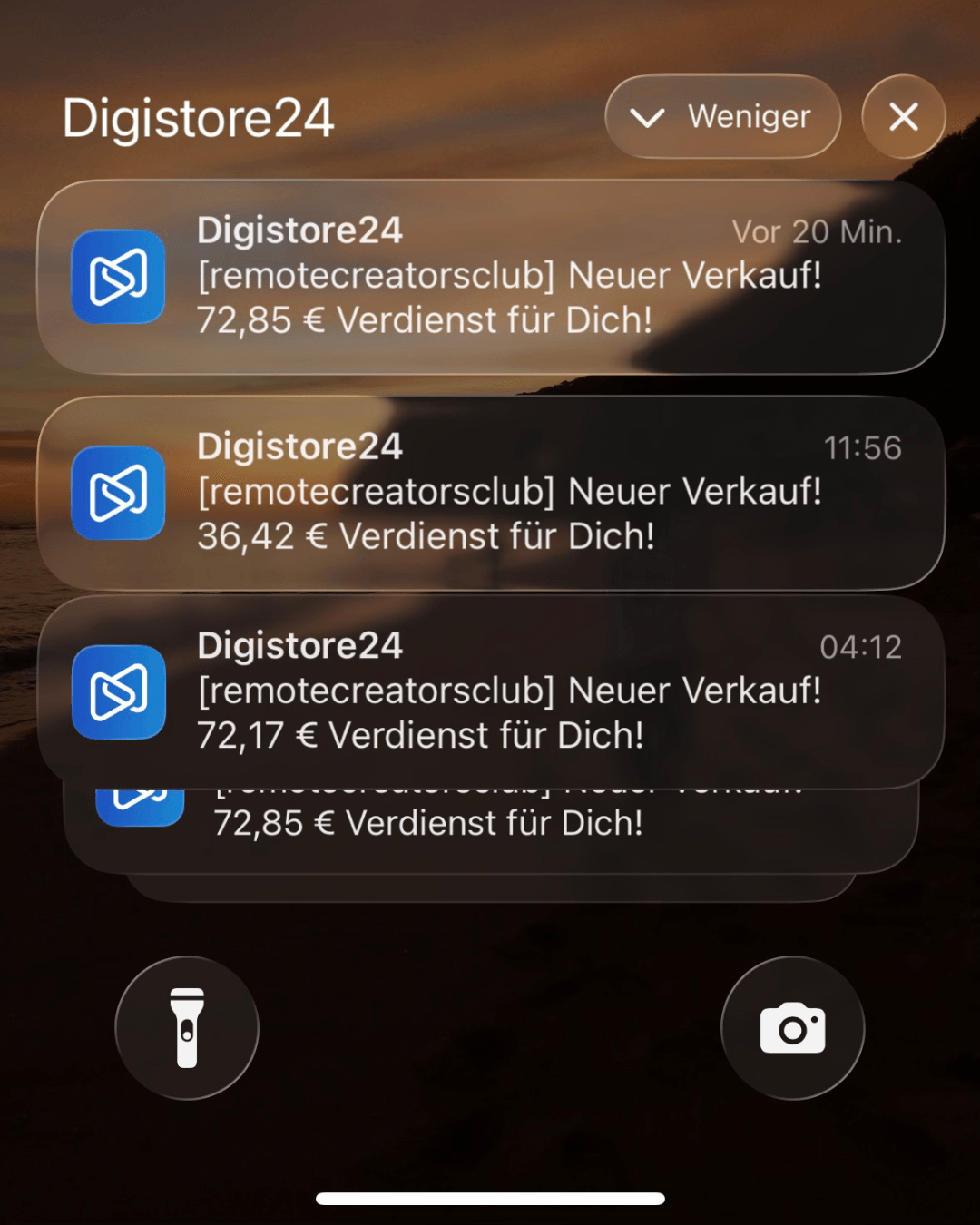 Aktive Digistore24 Verkaufsbenachrichtigung auf dem Smartphone