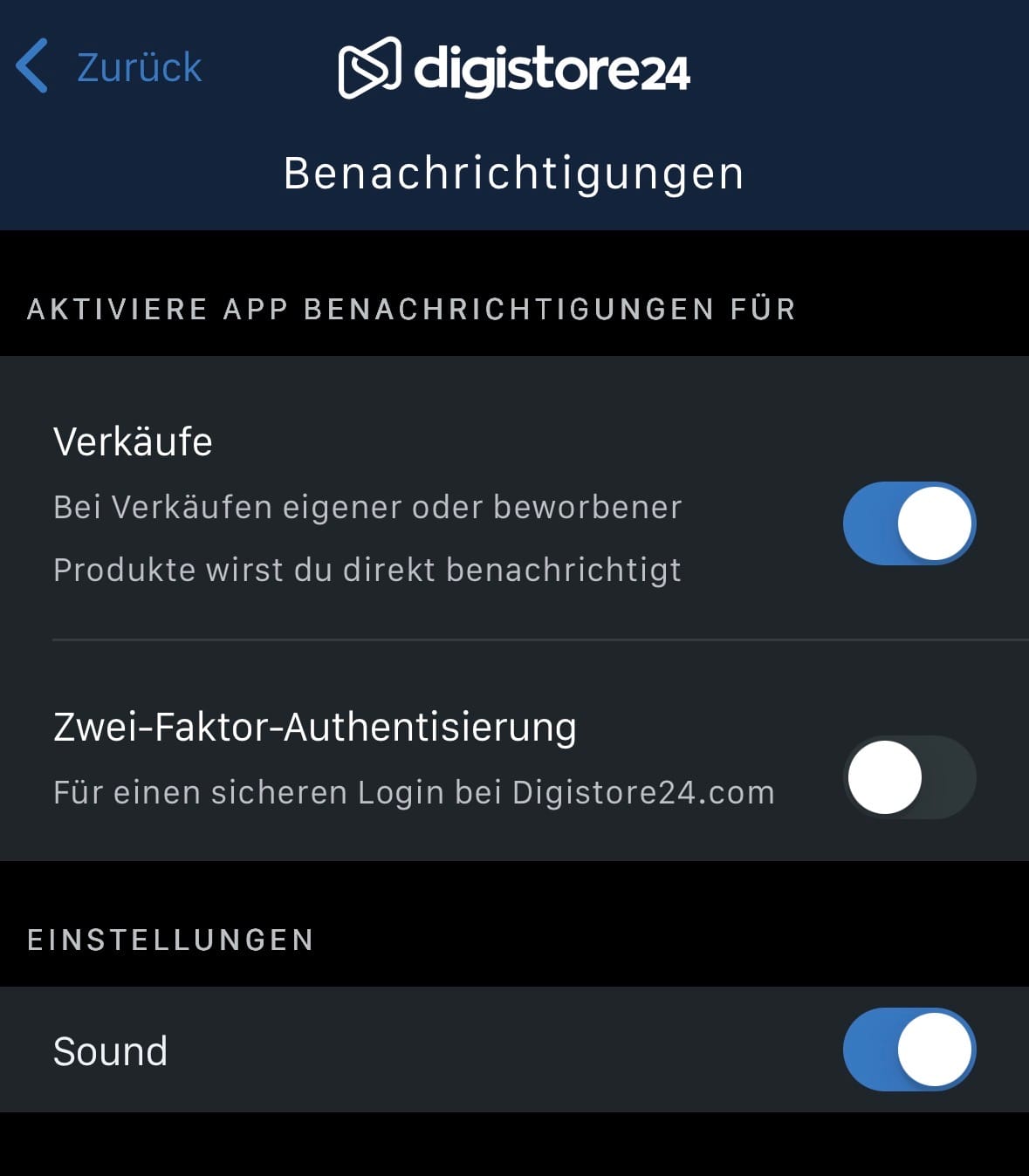 Digistore24 Verkaufsbenachrichtigung in den App Einstellungen aktivieren