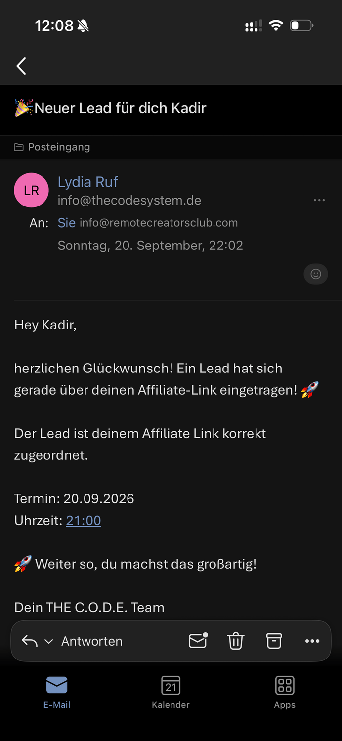 Lead-Benachrichtigung vor meinem THE C.O.D.E. Verkauf