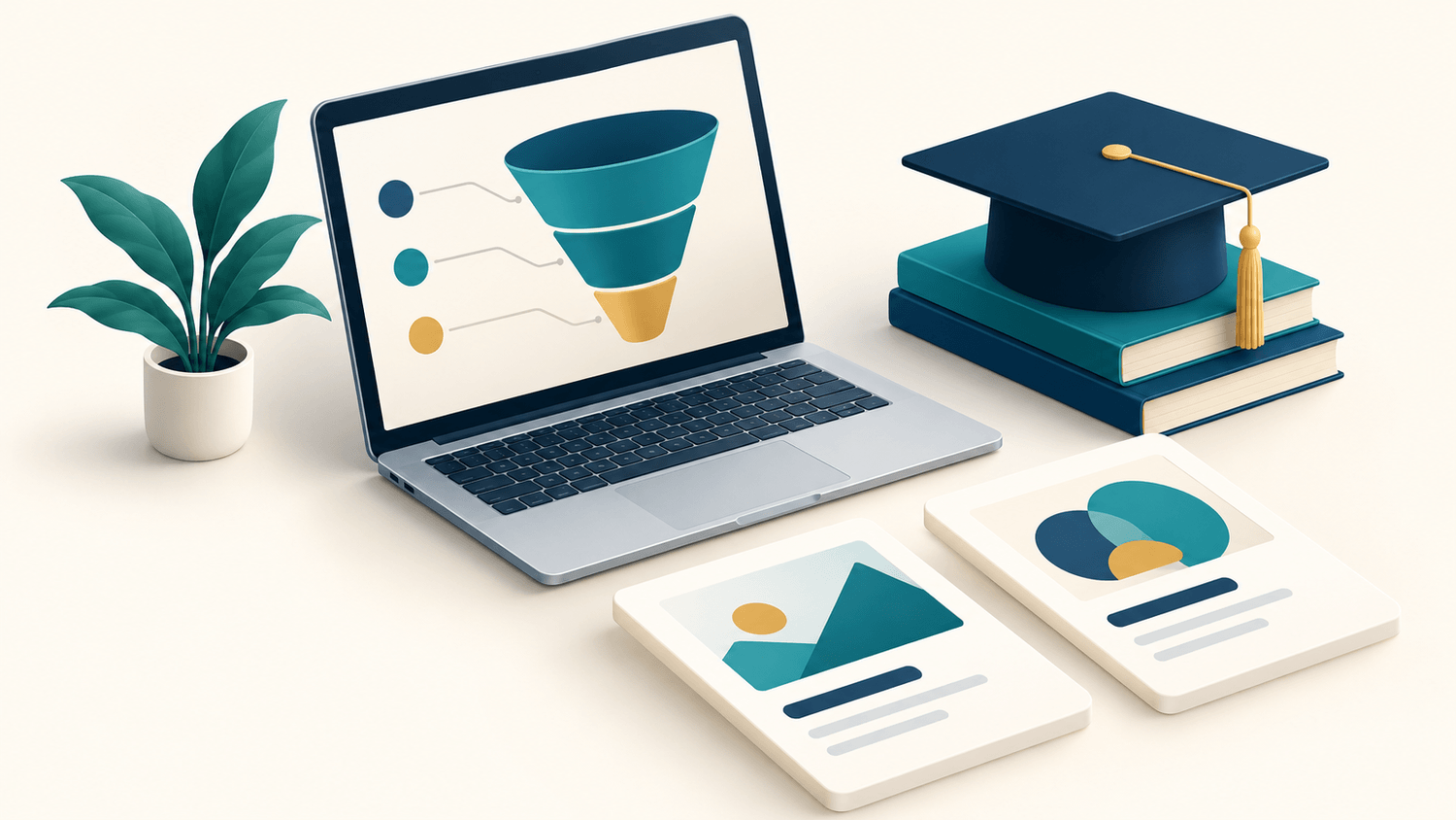 Laptop, funnel diagram, course cards and graduation cap