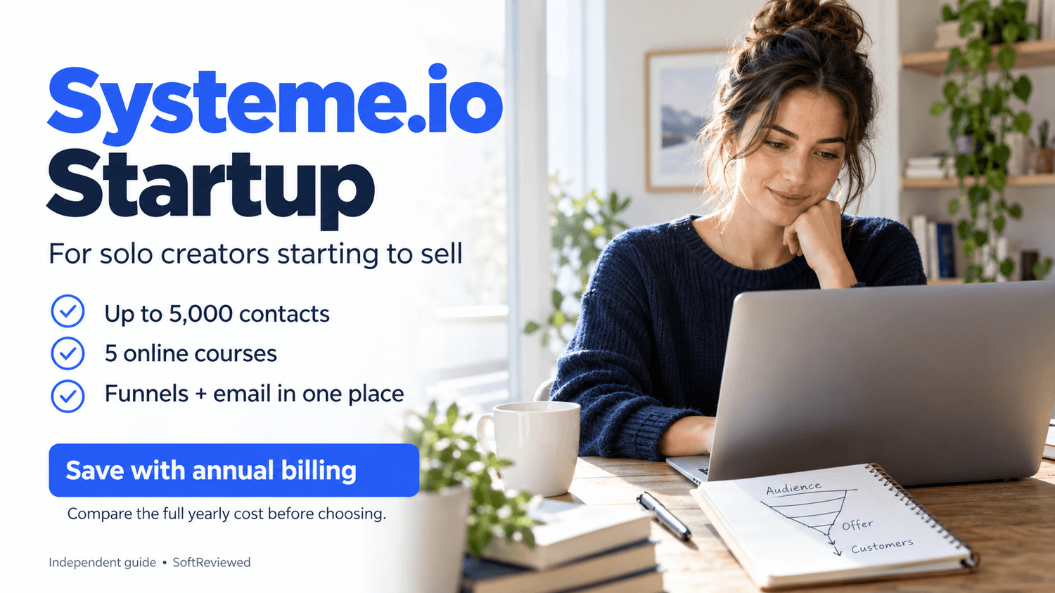 Systeme.io Startup plan for solo creators: 5,000 contacts, five courses, and annual billing savings