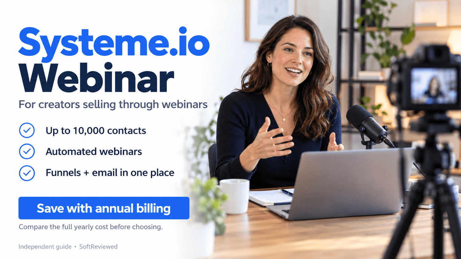 Systeme.io Webinar plan for webinar creators: 10,000 contacts, automated webinars, and annual billing savings