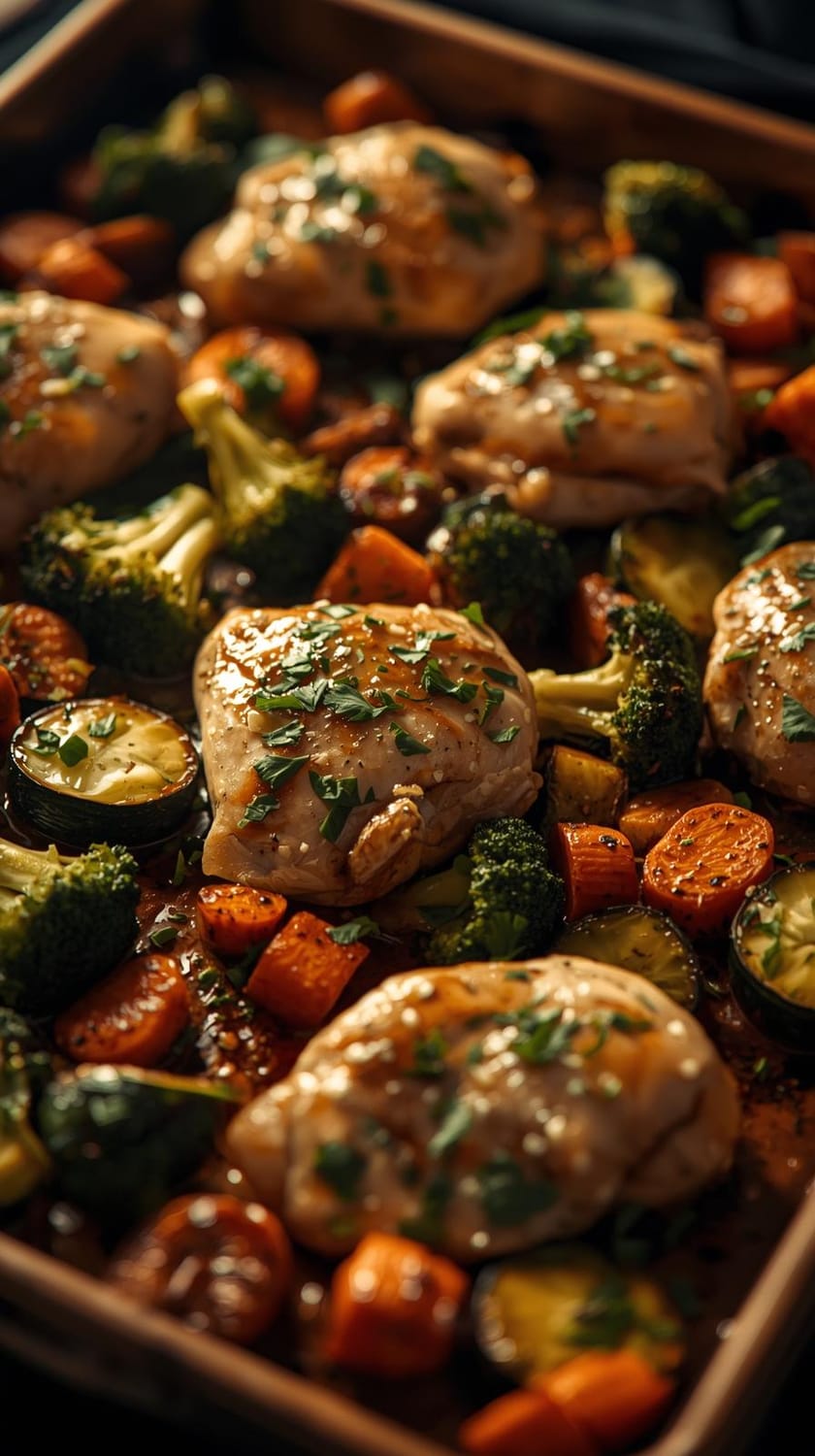 A rustic sheet pan filled with juicy garlic butter chicken, roasted broccoli, carrots, and zucchini, lightly browned edges, fresh parsley on top, warm kitchen lighting, cozy weeknight dinner scene