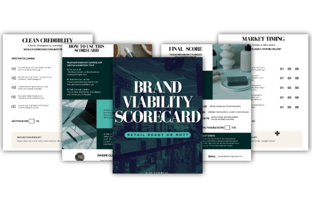 A laptop displaying the text "PURE POTENTIAL" sits on a round wooden table next to a book. The laptop screen also shows "LAUNCH YOUR DREAM BEAUTY BRAND INTO THE NEW DECADE & BEYOND".