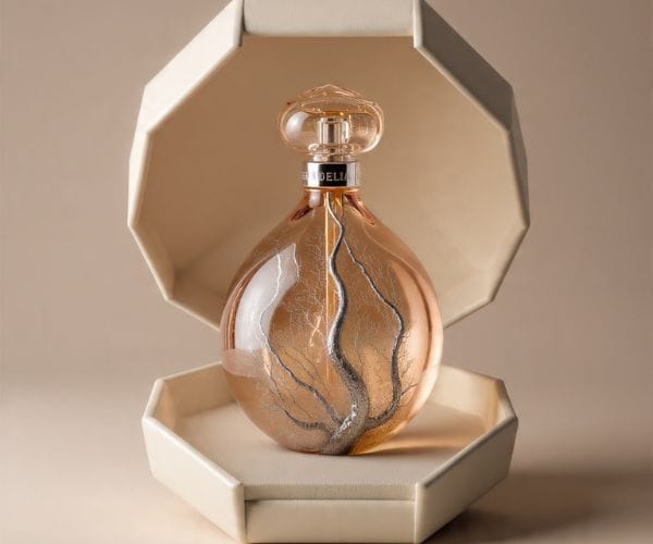 A rounded, blush-coloured perfume bottle with a silver, vein design etched into its surface, displayed in an open, blush-coloured hexagonal box.