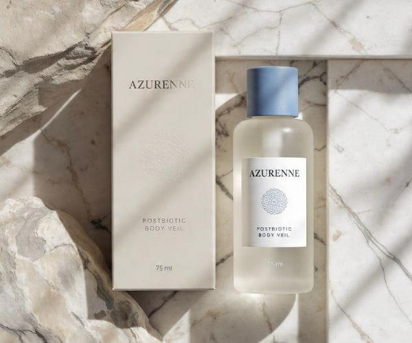 A bottle of Azurenne Postbiotic Body Veil with a light blue cap sits next to its beige packaging on a marble surface.
