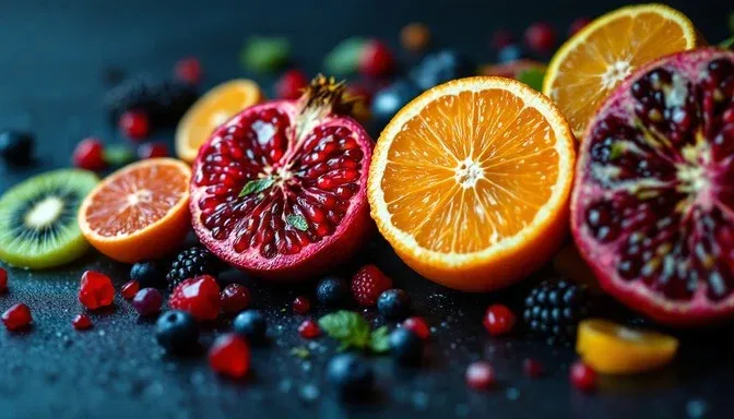 Sliced citrus, pomegranate and berries showing antioxidant-rich raw nutrition.