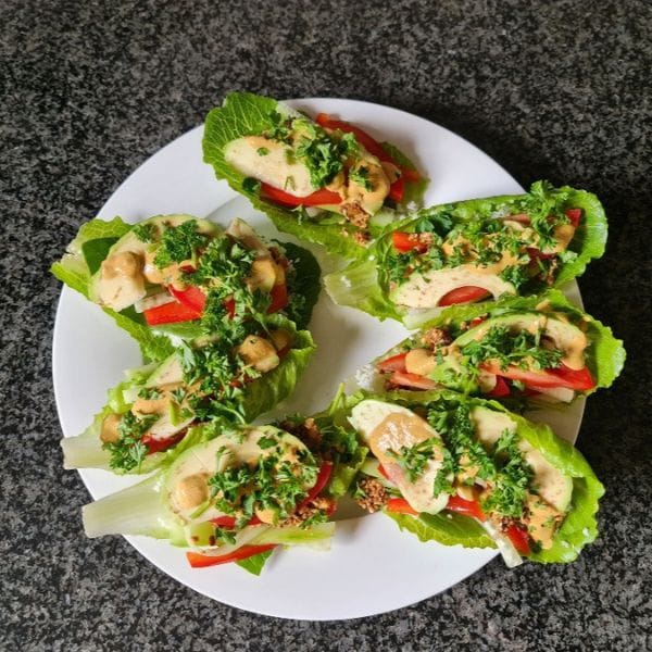 Raw vegetable lettuce wrap boats with red pepper and herbs