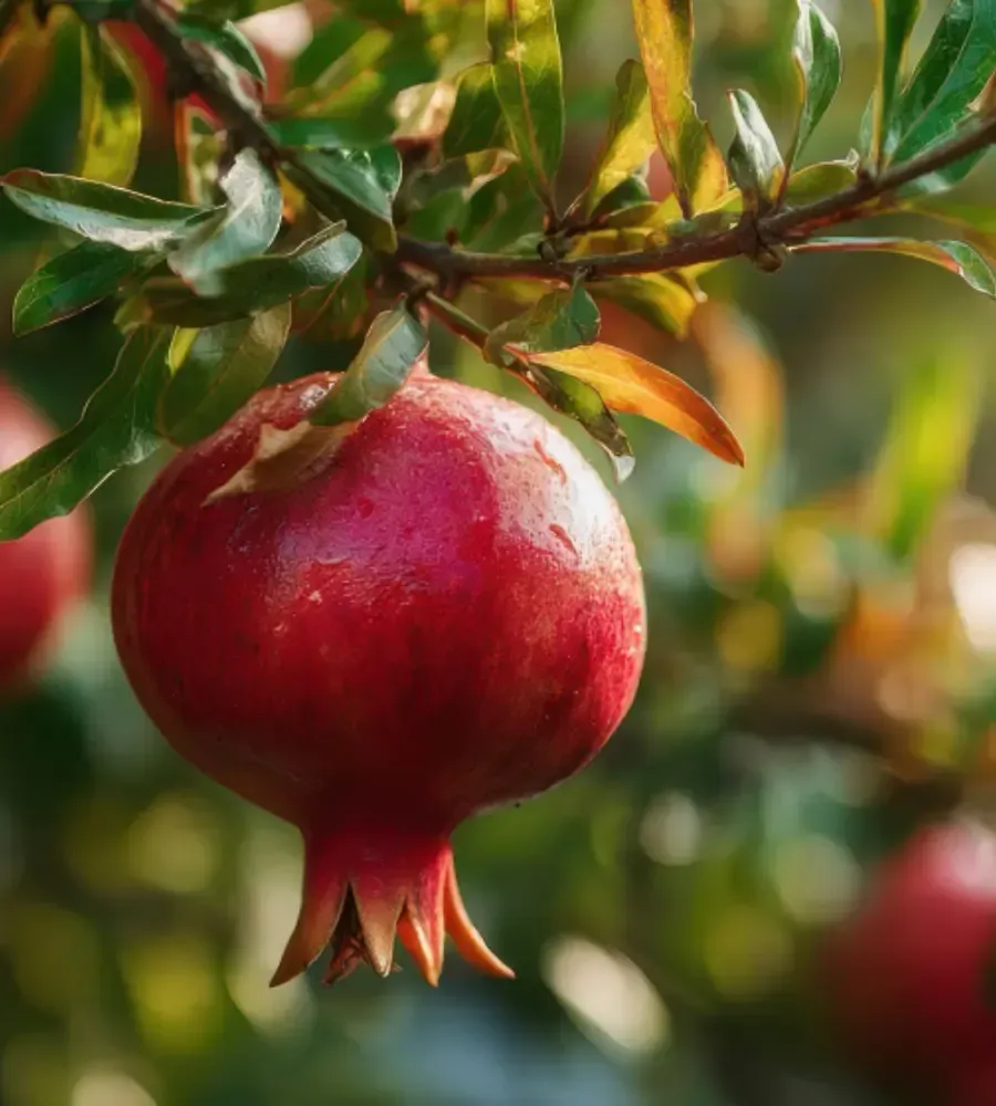 Ripe pomegranate fruit hanging on tree