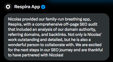 Chris Hewitt's testimonial, as CEO and founder of Respira, for ExogN off-page SEO audit.