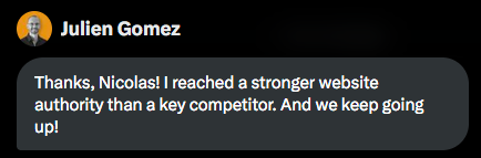 Julien Gomez's testimonial as a client of ExogN, for a competitors off-page SEO audit, as JuGo Graphic Design founder.