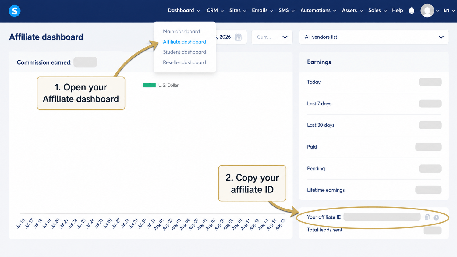 Systeme.io Affiliate Dashboard showing where to open the affiliate dashboard and copy your affiliate ID