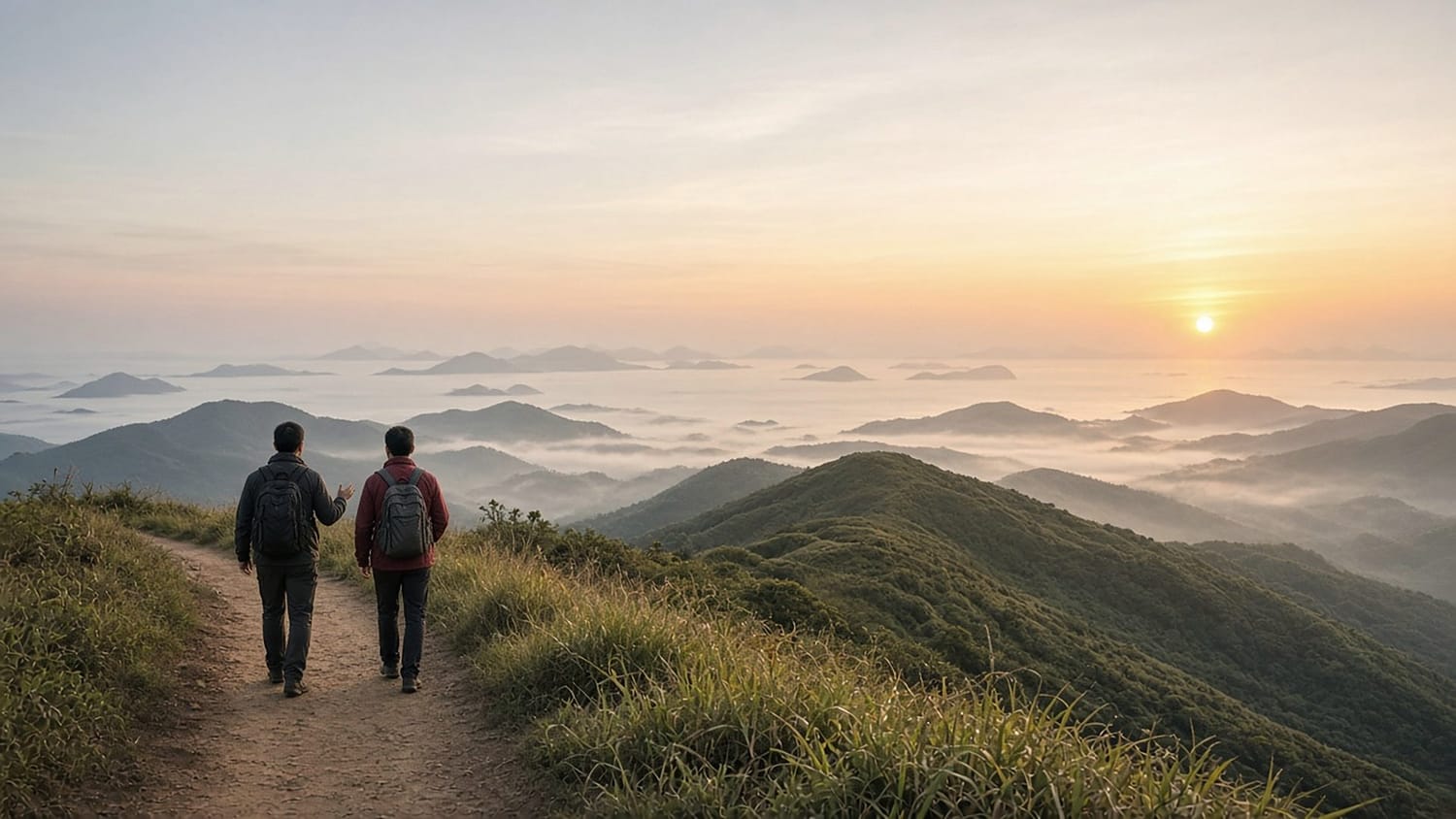 清晨的香港郊野山脊小徑，兩人並肩同行交談，遠處雲海與日出