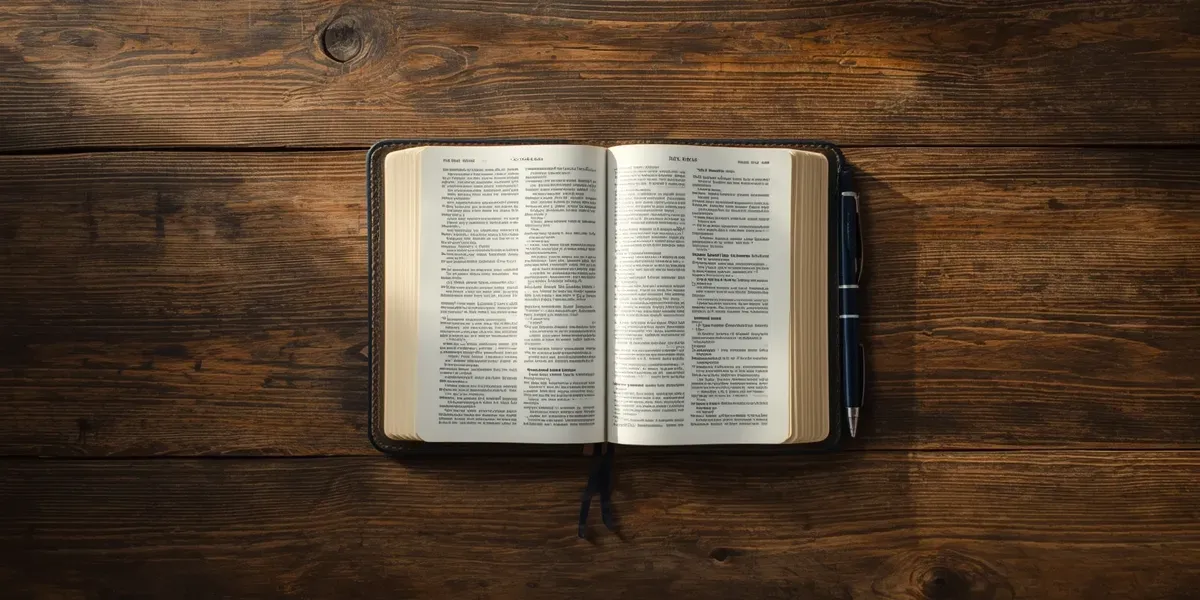 open bible and notebook on wooden table, navy and cream tones, soft morning light