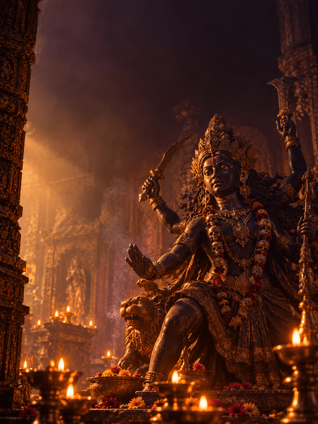 Statua di Kali tra lampade e incensi